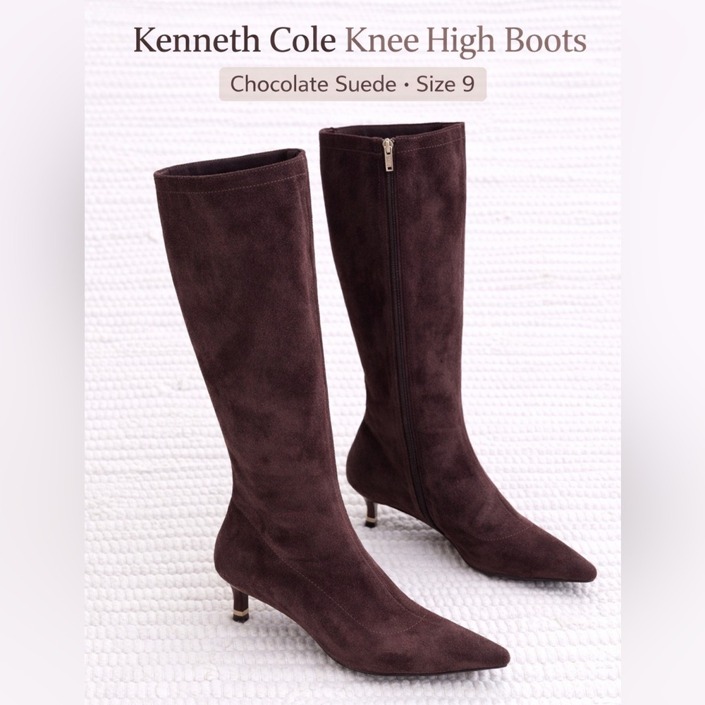 Kenneth Cole Meredith Knee High Boots Chocolate Suede Heel Sz 9